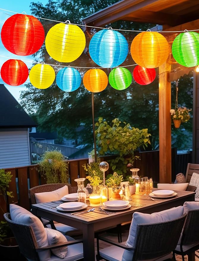 G40 LED Outdoor Lantern String Lights, 25FT Multicolor Patio String Lights with 10 Chinese Lanterns, Plug in Nylon Lantern Lights Waterproof UL Listed for Backyard Party Birthday Wedding Christmas