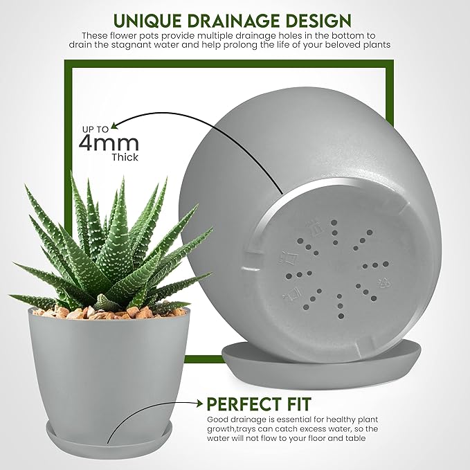 Utopia Home - Plant Pots with Drainage - 7/6.6/6/5.3/4.8 Inches Home Decor Flower Pots - Pack of 60 Plastic Planters for Indoor Plants, Cactus, Succulents - Gray