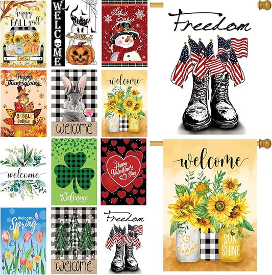 Seasonal Garden Flags Set of 12 Double Sided 28 x 40 Inch Yard Flags, Large House Flags for Outside, Fall Winter Halloween Christmas Outdoor Flags, Holiday Garden Flags for All Seasons