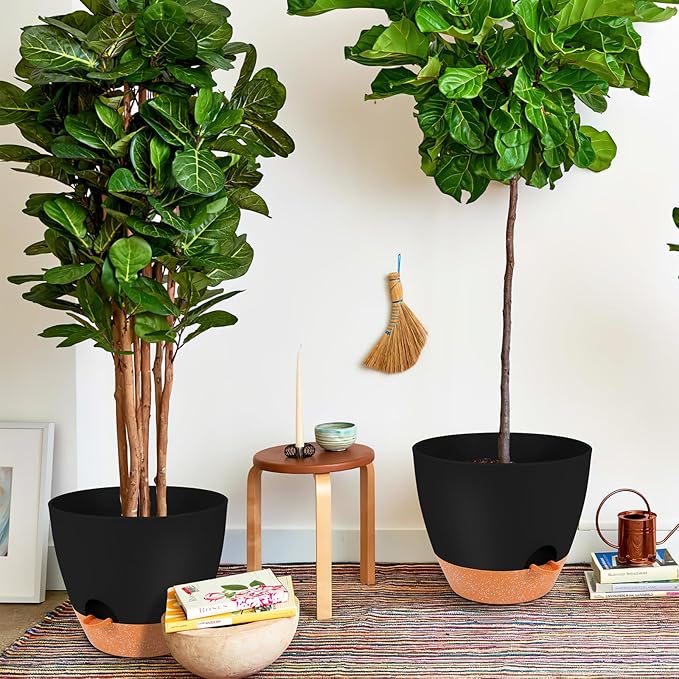 GARDIFE 12 inch planters, Plant Pots,Self Watering Pots, 2 Pack Large Plastic Flower pots with Deep Reservior and High Drainage Holes for Indoor Outdoor Plants and Flowers, Black