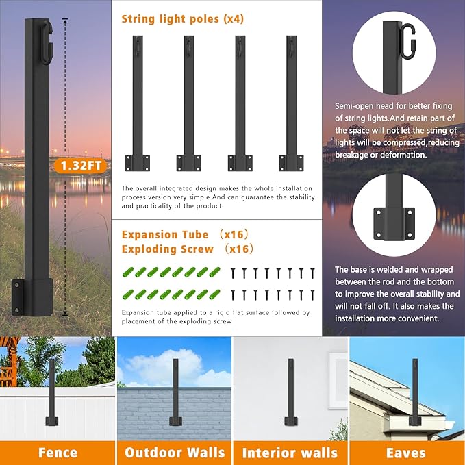 AILBTON 2.8FT 4 Pack Suspension Outdoor String Light Poles for Outside String Lights Hanging,with Clip and Holder,Light Post Mounting Stand for Patio Fence Wall Garden Backyard Deck