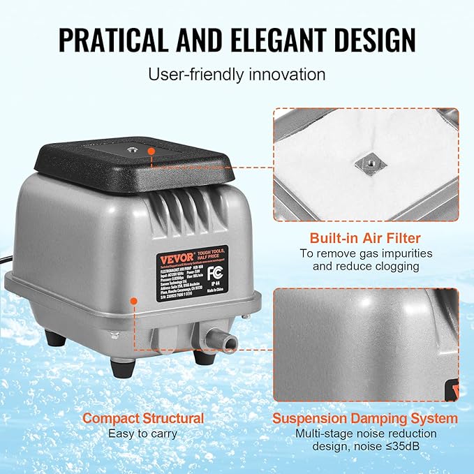 VEVOR Linear Air Pump, 109L/Min Air Flow Septic Aerator Pump, Aeration System for 1/2 Acre 10 FT Deep Ponds, Water Gardens, Waste Treatments, Septic Tanks, Aquariums, Seafood Restaurants, Fish Farms