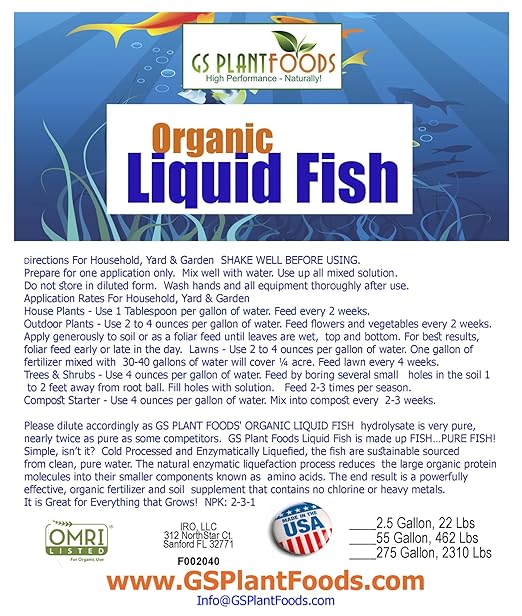 Liquid Fish Fertilizer - Omri Listed Hydrolyzed Fish Fertilizer for Plants (275 Gallon) - Liquid Organic Fertilizer for Vegetables, Trees, Lawns, Shrubs, Flowers, Seeds & Plants