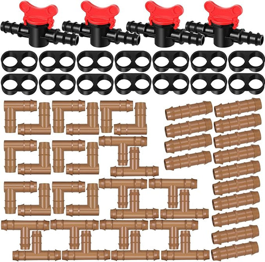 60 Pcs Drip Irrigation Fittings Kit 1/2 Inch Tubing Set Including 4 Switch Valves, 14 Tees, 14 Couplings, 14 Elbows and 14 End Cap Plugs Drip Irrigation Barbed Connectors for Drip or Sprinkler System
