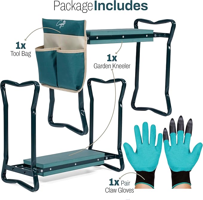 Garden Seat and Kneeler - Portable EVS Cushion Gardening Kneeling Pad 2X Gloves 1x Pouch - Soft, Wide, Comfortable and Heavy Duty Gardening Stool, Gardening Gifts for Parents and Loved Ones