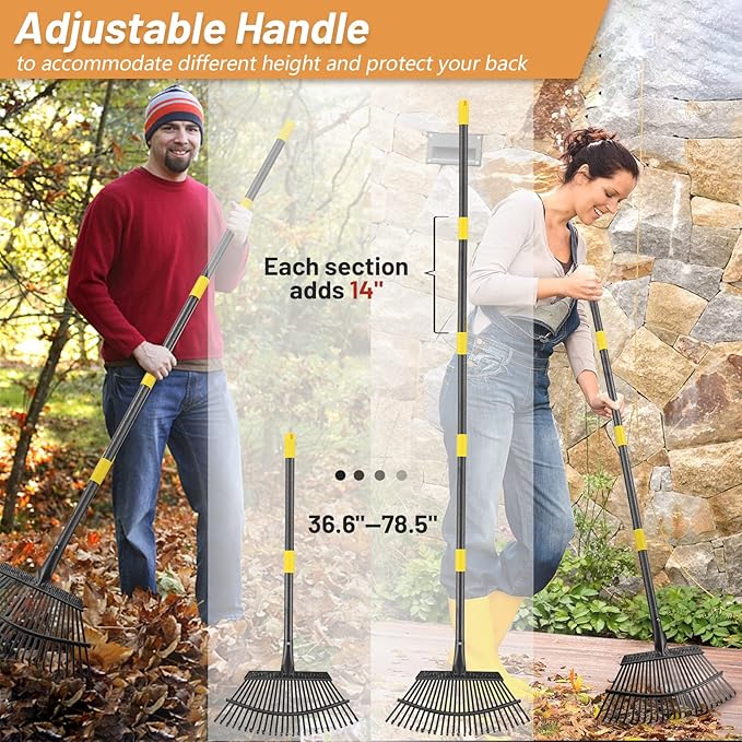 Garden Rake - Large Leaves Rakes for Gardening - 25 Metal Tines 18" Wide - 78" Long Handle Leaf Rakes for Lawns Heavy Duty for Yard Lawn Shrub Garden Beds