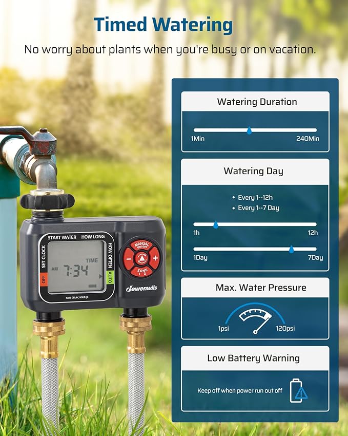 DEWENWILS Sprinkler Timer 2 Zone, Water Hose Timer with Rain Delay/Manual Watering/Automatic Irrigation Timer, Programmable Outdoor Faucet Timer for Garden, Yard, Lawn