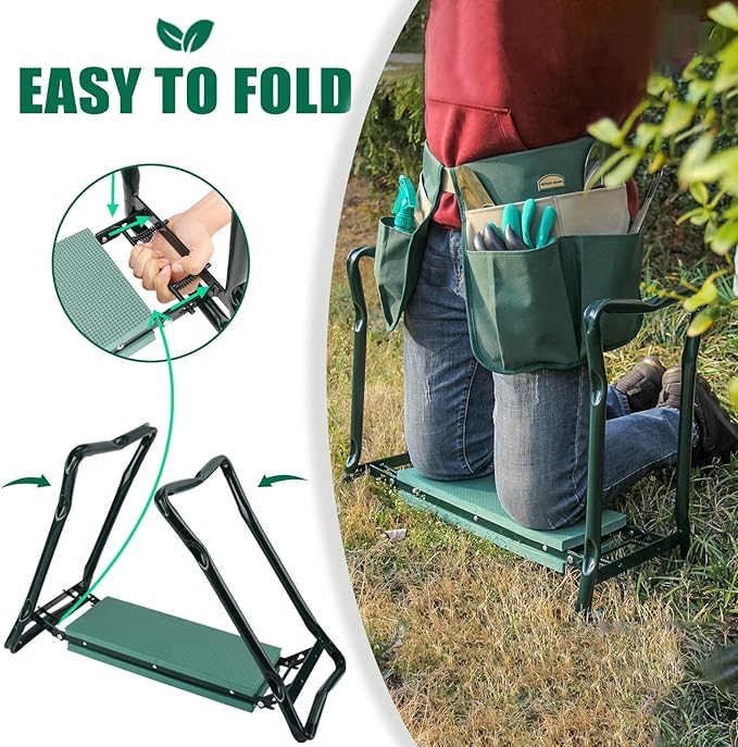G GOOD GAIN Garden Kneeler Seat Gardening Stool Widen Soft Kneeling Pad with 2 Larger Tool Pouches Outdoor Foldable Sturdy Gardening Tools Gifts for Gardeners, Green