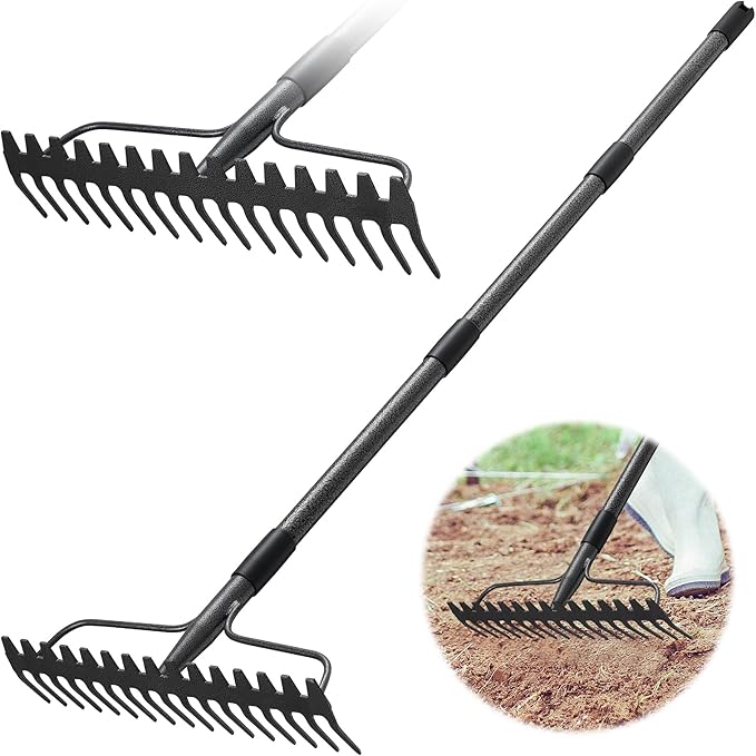 36'' Bow Rake Heavy Duty Garden Rake with Stainless Steel Handle, Tines Metal Head Rake Tool for Loosening Soil Gathering Leaf Leveling Lawn Farming Land Management Yarn Thatch Rake