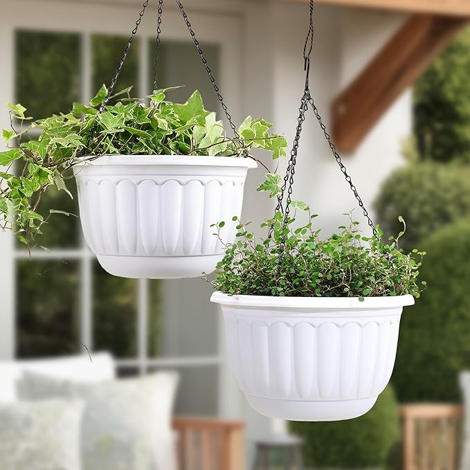 YIKUSH Planters for Outdoor Plants 2 Pack White Plant Pots with Drainage Hole and Absorbing Tray Hanging Planters for Indoor Plants (12 inch, 3 Hooks)