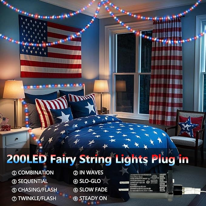 66Ft 200 LED Fairy Lights Plug in, July 4th Patriotic Waterproof String Lights with Timer for Indoor and Outdoor 8 Modes, Red White Blue American Flag Twinkle Lights for Independence Day, National Day