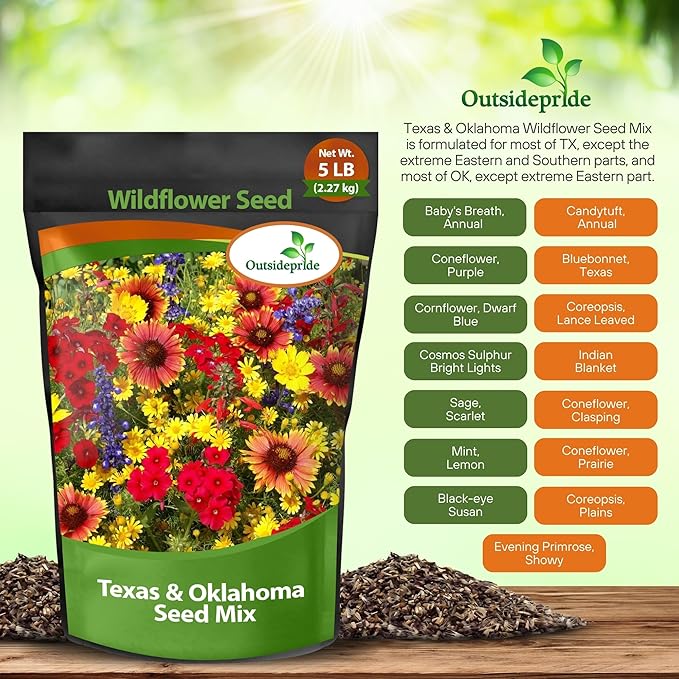 Outsidepride Texas & Oklahoma Wildflower Seed Mix - 5 lbs. Drought-Tolerant, Blend of Annual & Perennial Flower Seeds for Vibrant, Pollinator-Friendly Gardens, Thrives in Full Sun & Well-Drained Soil