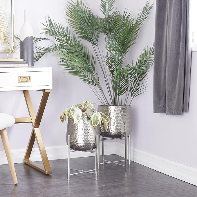 CosmoLiving by Cosmopolitan Metal Indoor Outdoor Planter Hammered Large Planter Pot with X-Shaped Stands, Set of 2 Planters 19", 16"H, Silver