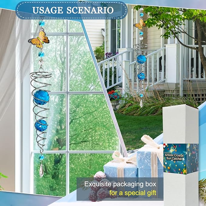 FONMY Butterfly Sun Catcher Gazing Ball Wind Spinner Rainbow Maker Silver Spiral W/ K9 Blue Crystal Ball Christmas Gfit Tree Hanging Ornament Indoor Outdoor Garden Decor. 19.5inch H