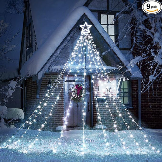Toodour Christmas Decorations Outdoor Star Lights, 317 LED 10ft X 9 Waterfall Tree Lights with 12" Topper Star, 8 Lighting Modes Outside Christmas Lights for Yard Garden Holiday Decor (White)