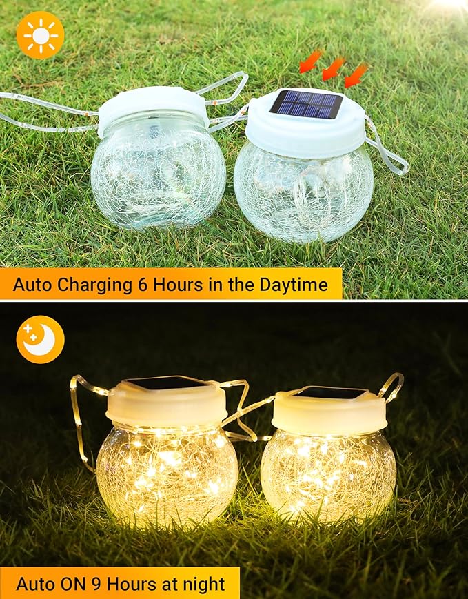 Solar Lantern Solar Lights Outdoor Waterproof 6-Pack, Solar Powered Hanging Lights Cracked Glass Hanging Globes for Christmas Decoration, Shepherd Hook, Garden Tree Ornaments, White Cap, Warm White