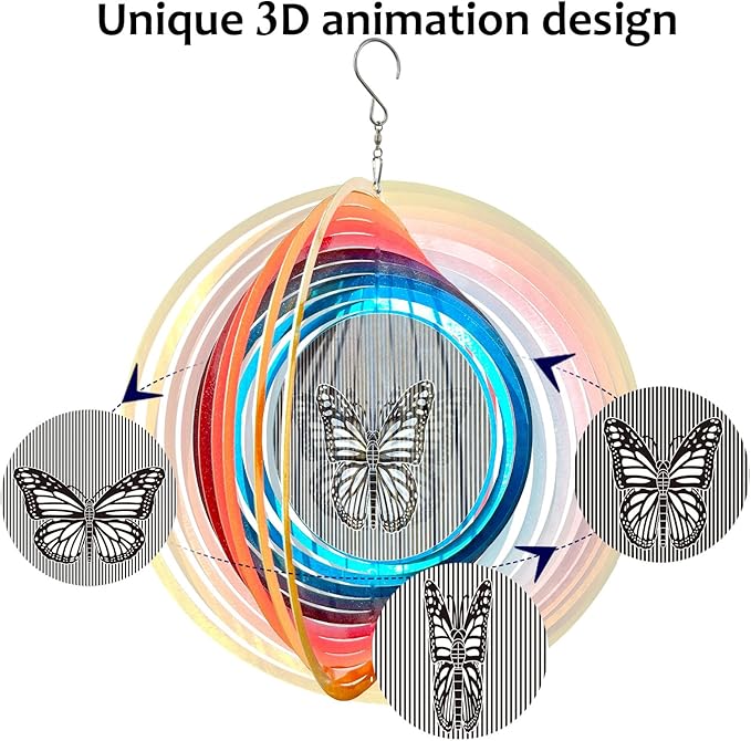 Wind Spinner Creates a Fluttering Butterfly 3D Animations Effect,Wind Spinners Ouddoor Butterfly Gift for Women/Grandma/Mom/Wife,12inch Mandala Wind Spinner Hanging Garden Yard Art Decor