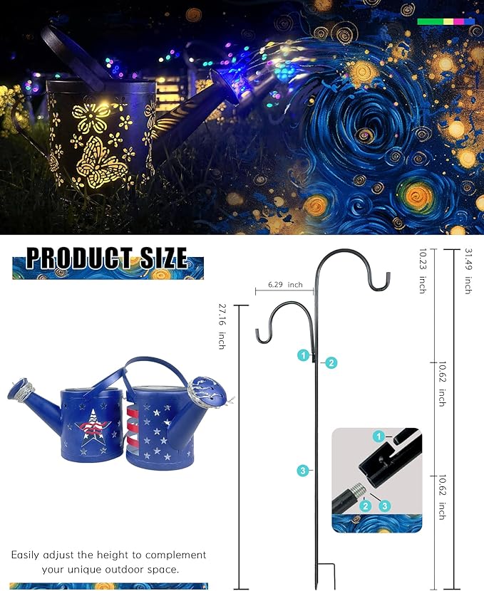 Solar Watering Can with Colorful Lighting, Waterproof Garden Decor, Birthday Gifts for Mom Grandma (Flag, 32 inch Shepherd Hook)