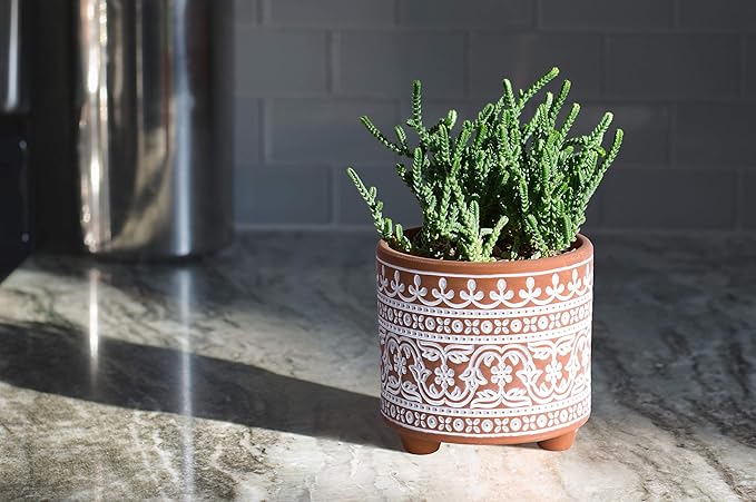 D'vine Dev Set of 2 Terracotta Planter Pots, 4.4 Inch & 6.4 Inch, Wave Pattern Plants Pot with Drainage Hole, Terracotta/White, 31-953-F-1