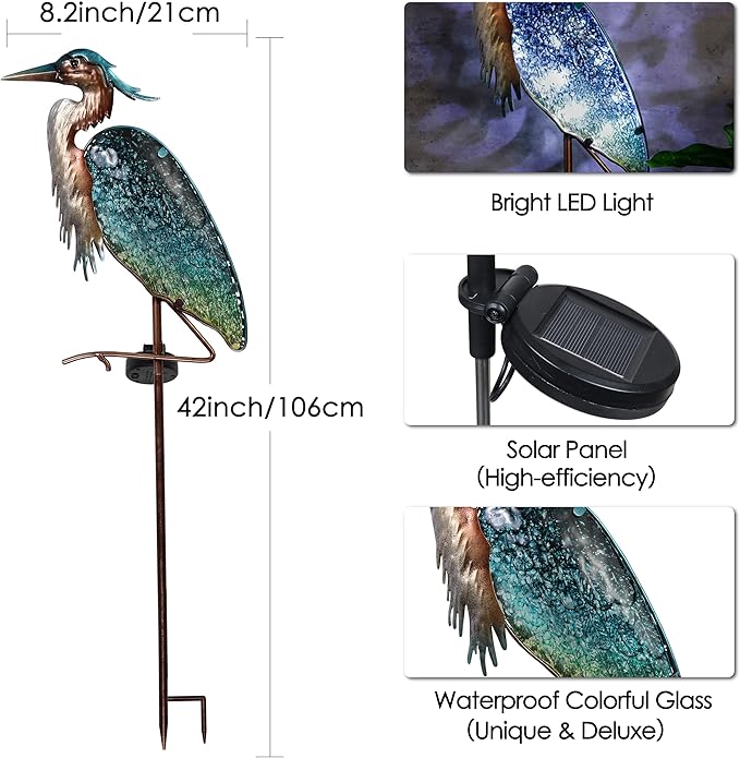TERESA'S Collections Garden Decor for Outside Blue Heron Solar Lights, 42" Glass Lawn Ornaments with Outdoor Lights Decorative Stake, Yard Art Decorations Outdoor for Patio Gifts for Mom Grandma