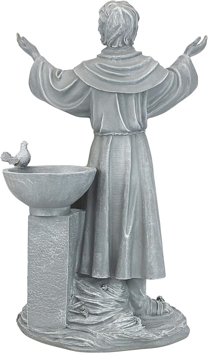 Design Toscano Francis of Assisi Blessing Religious Garden Decor Statue with Bird Bath Feeder, 19 inches Tall, Cast Stone Resin, Gray Stone Finish