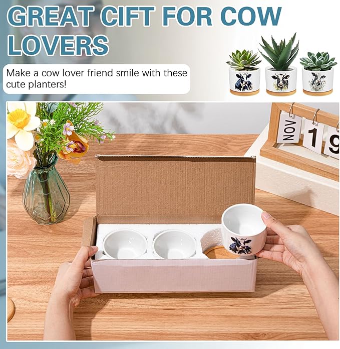 3 Pcs Cow Decor Gift for Christmas Women Planter Ceramic Gift Animal Plant Pot with Bamboo Tray for Office Home Farm House Bathroom Kitchen Decorations (No Plants Included)