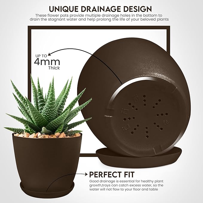 Utopia Home - Plant Pots Indoor with Drainage - 7/6.6/6/5.3/4.8 Inches Home Decor Flower Pots for Indoor Planter - Pack of 40 Plastic Planters for Indoor Plants, Cactus, Succulents Pot - Brown