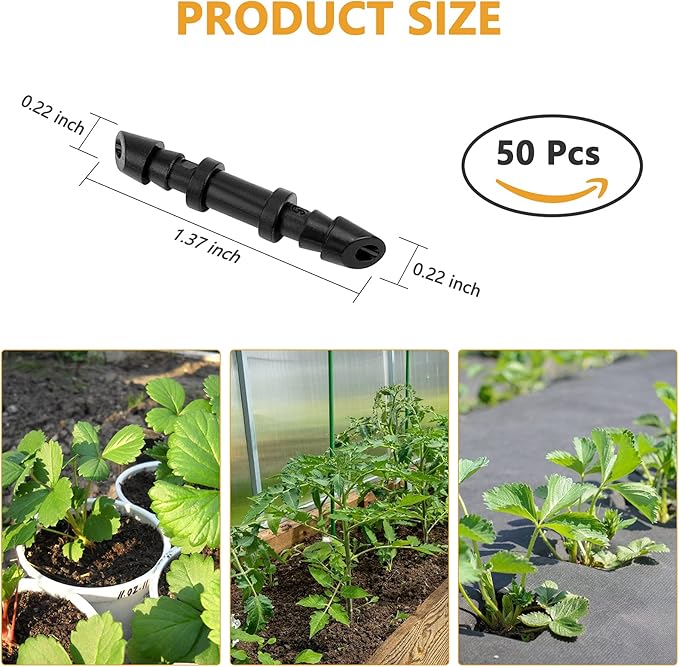 50 Pcs Drip Irrigation Coupling Fittings, 1/4'' Drip Irrigation Tubing, Straight Coupling/Single Barbed Connectors for Universal 1/4 Inch Irrigation Tubing