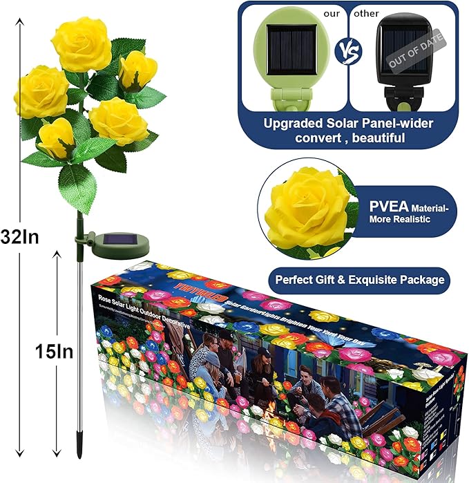 Solar Flower Lights Outdoor - Upgraded New Material Two Modes Realistic LED Solar Powered Waterproof Lights with 5 Roses, Solar Decorative Stake Lights for Garden (Yellow, 2 Pack)