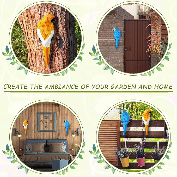 2 Pieces Parrot Decor Outdoor Tiki Bar Decorations Large Realistic Parrot Statues for Outside Lifelike Bird Sculptures Garden Patio Yard Lawn Figurines for Tropical Animal Tree Wall(Blue, Yellow)