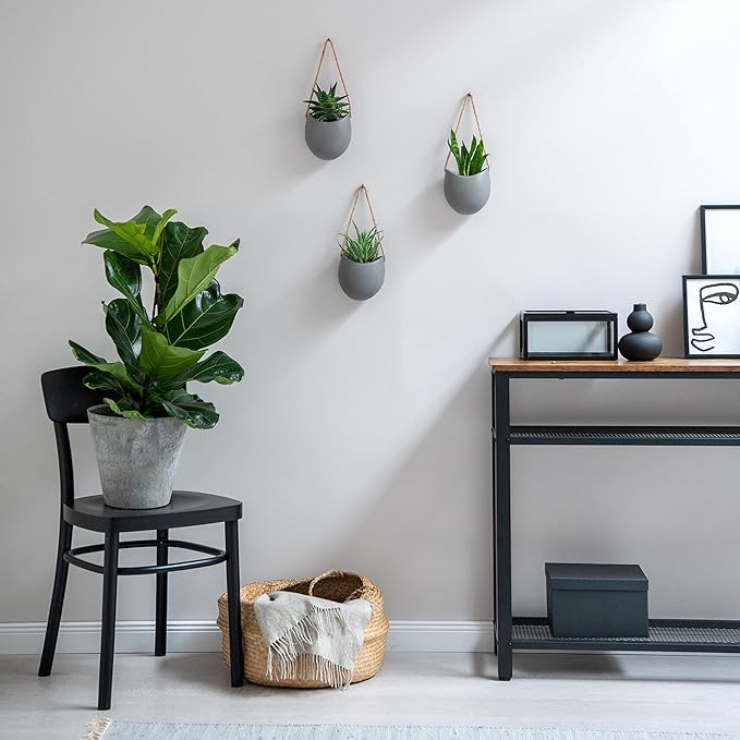 Wall Planters -Ellie- | Hanging Ceramic Plant Pots 3 Pieces | Wall Decoration for Indoors, Balcony and Garden | Grey (Matte)