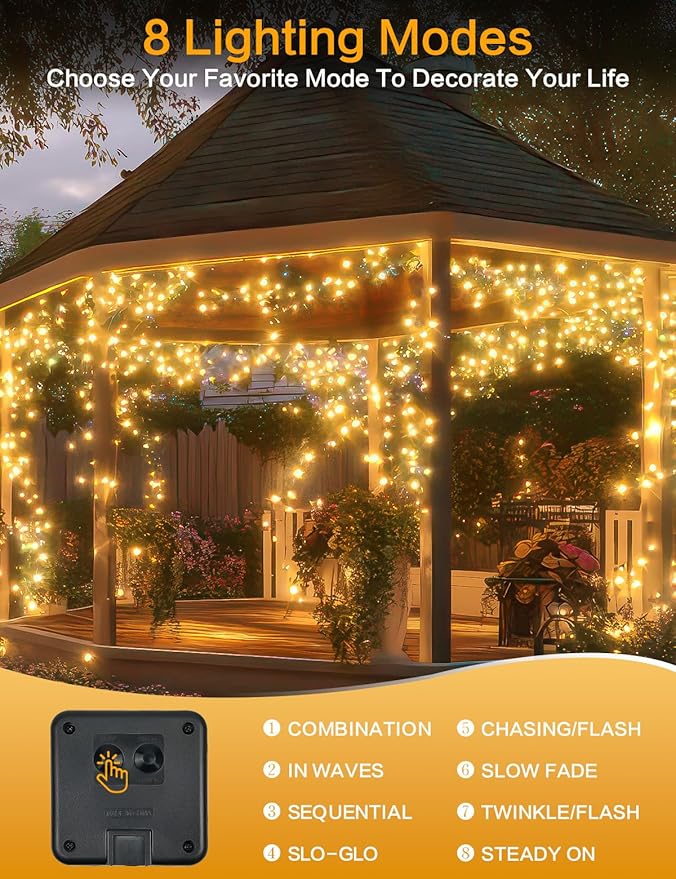2Pack Solar String Lights Outdoor, 80FT 200LED Solar Fairy Lights, Waterproof Copper Wire & 8 Modes, Solar Twinkle Light for Garden, Tree, Wedding, Christmas Decorations, Patio, Fence (Warm White)