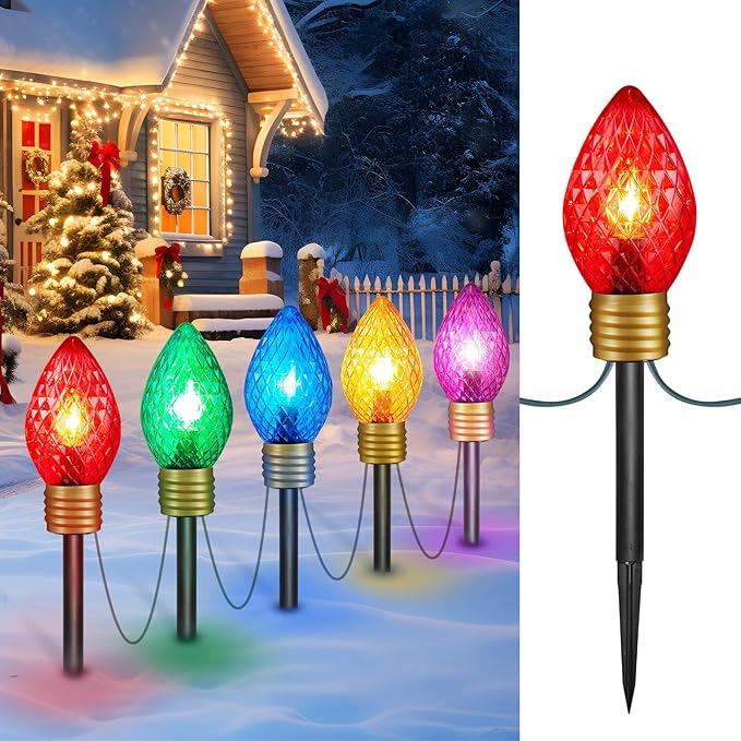 Minetom Jumbo C9 Christmas Pathway Lights Outdoor - 10.5 Feet 5 Strawberry C9 Walkway Lights, C7 Covered Multicolor Light Bulb Decorations for Lawn Garden Outside
