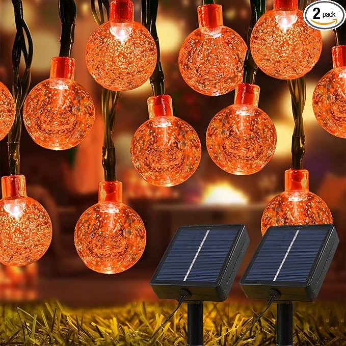 Solar Lights Outdoor Waterproof, 2 Pack Total 120LED 72FT Solar String Lights for Outside w/ 8 Modes, Outdoor String Lights Crystal Globe Patio Lights for Garden Yard Party Decor (Orange)