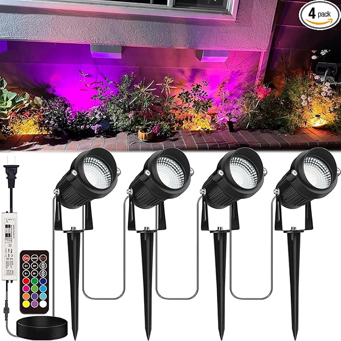 Landscape Lighting, 24W RGB Spot Lights Outdoor for Yard with Transformer & Remote 12 Colors and 19 Modes Outdoor Lights for House Lawn Tree Flag Garden Driveway Backyard Fence Plant, 4 Pack