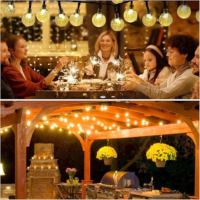 Solar Lights Outdoor Waterproof, 2 Pack Total 120LED 72FT Solar String Lights for Outside w/ 8 Modes, Outdoor String Lights Crystal Globe Patio Lights for Garden Yard Party Decor (Warm White)
