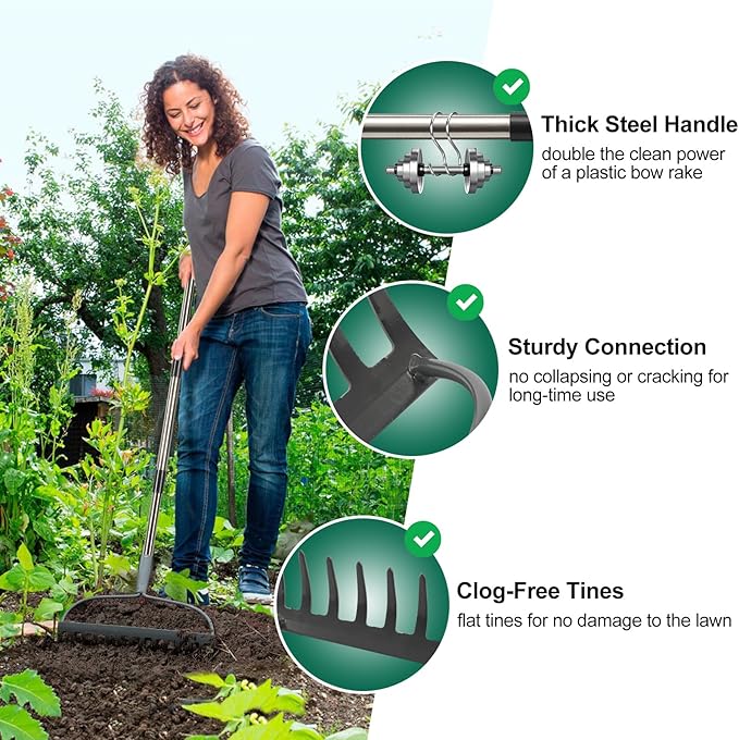 Garden Rake, 6 FT Bow Rakes for Lawns Heavy Duty, Yard Metal Rake with Adjustable Long Handle, 14 Tines Rake Head, Gardening Tool for Loosen Soil, Gather Leaves, Level Mulch, Remove Debris