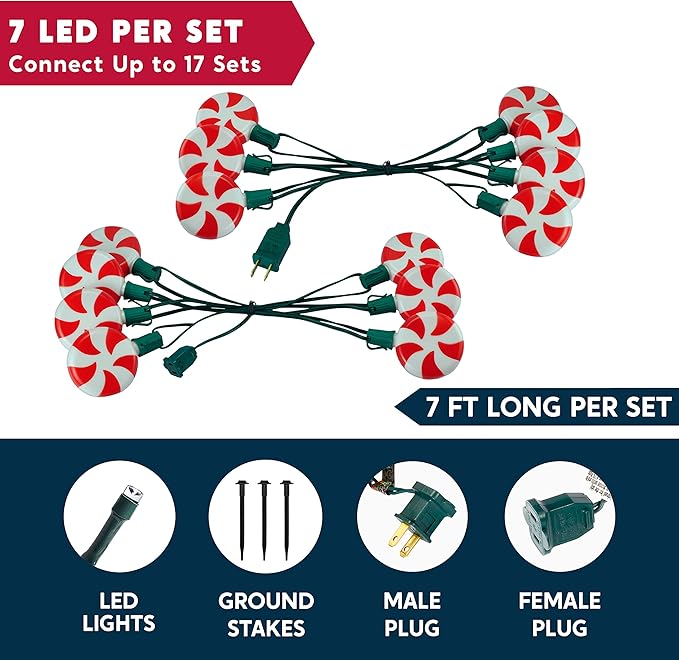 Joiedomi Set of 14 Christmas Lollipop Pathway Lights Outdoor with Stakes and Clips, 14.3 FT Plug in Peppermint Walkway String Lights for Christmas Decoration, Yard, Pluggable, Hangable, Waterproof