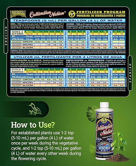 FoxFarm Cultivation Nation Micro Liquid Fertilizer - Micronutrients for Strong Plant Development, Ideal for Soil, Hydroponics & Aeroponics - Part 2 of 3-Part Feeding Program- NPK 5-0-1 (Pint)