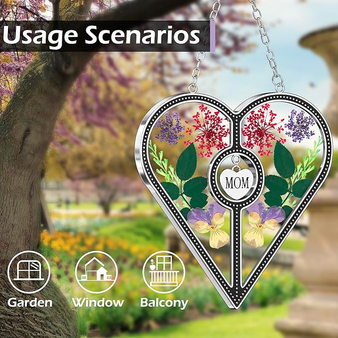KY&BOSAM Heart Suncatcher Mom Stained Glass for Windows Hangings Wind Chimes with Pressed Flower Heart in Glass with Metal Trim Heart Charm Birthday Gifts for Women Mother`s Day Christams Home Decor