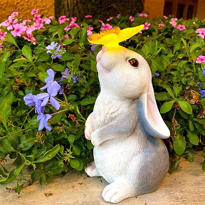 Solar Rabbit Statue Easter Bunny Decor Garden Statue for Outside, Rabbit with Butterfly Patio Sculptures Lawn Ornament, Funny Gifts for Women Mom Grandma Spring Outdoor Decor