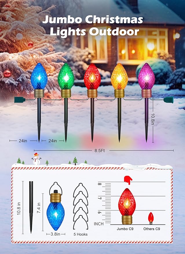 Minetom Jumbo C9 Christmas Pathway Lights Outdoor - 10.5 Feet 5 Strawberry C9 Walkway Lights, C7 Covered Multicolor Light Bulb Decorations for Lawn Garden Outside