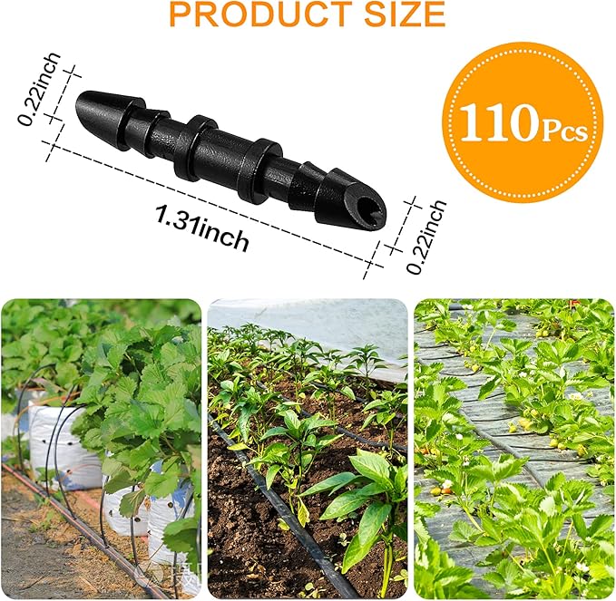 Drip Irrigation Coupling Fittings-110 Pieces Couplers for 1/4” Tubing,Barbed Connectors for Drip or Sprinkler systems
