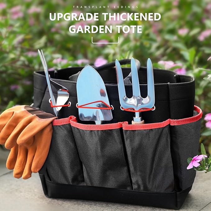 Gardening Tools 9-Piece Heavy Duty Gardening Hand Tools with Fashion and Durable Garden Tools Organizer Handbag,Rust-Proof Garden Tool Set, Ideal Gardening Gifts for Women (Black Red)