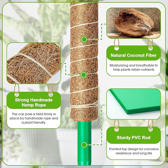 EAONE Moss Pole 96 Inch, 6 Pack 16" Monstera Plant Support for Climbing Potted Live Plants Indoor, Stackable Coco Coir Moss Sticks Monstera Stakes for Pothos Philodendron, with Garden Labels & Ties