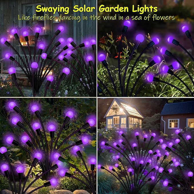Solar Garden Lights Outdoor, 2 Pack 20 LED Solar Purple Firefly Lights Waterproof, Starburst Solar Wind Swaying Lights for Outside Yard Patio Planter Flower Bed Walkway Halloween Christmas Decoration