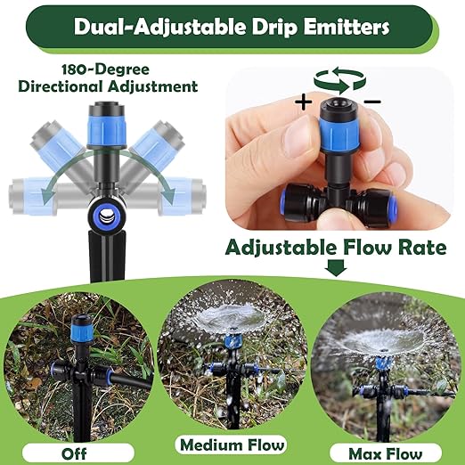 21PCS Adjustable Drip Irrigation Emitters(Fan-Shaped) Kit-Quick Connect for 1/4" Tubing, Dual Adjustment System-Easy to Install Drippers for Precise Garden Watering of Vegetables,Shrubs&Flowers