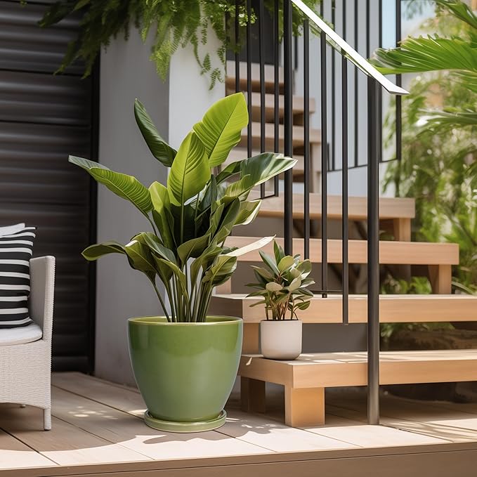 Ceramic Pots for Plants - 10 Inch Planter for Indoor Ourdoor Plants Modern Large Flower Pot with Drainage Hole and Saucer Room Home Office Garden Patio Porch Decor Green