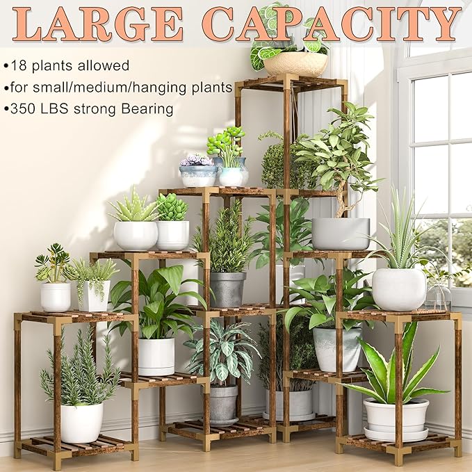 HOMKIRT Corner Plant Stand Indoor Outdoor for Multiple Plants, Large Tall Plant Shelf Rack Table Holder with Hanging Space Flower Stand for Patio Porch Balcony Garden Boho Decor