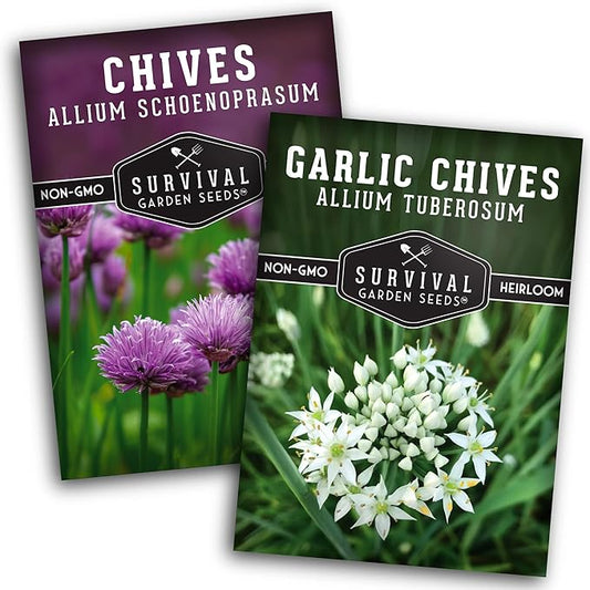Survival Garden Seeds Chive Seed Collection - Common & Garlic Chives – 2 Packets of Non-GMO Heirloom Open-Pollinated Herb Seed Varieties to Plant in Your Vegetable Garden – Seed Saver Instructions